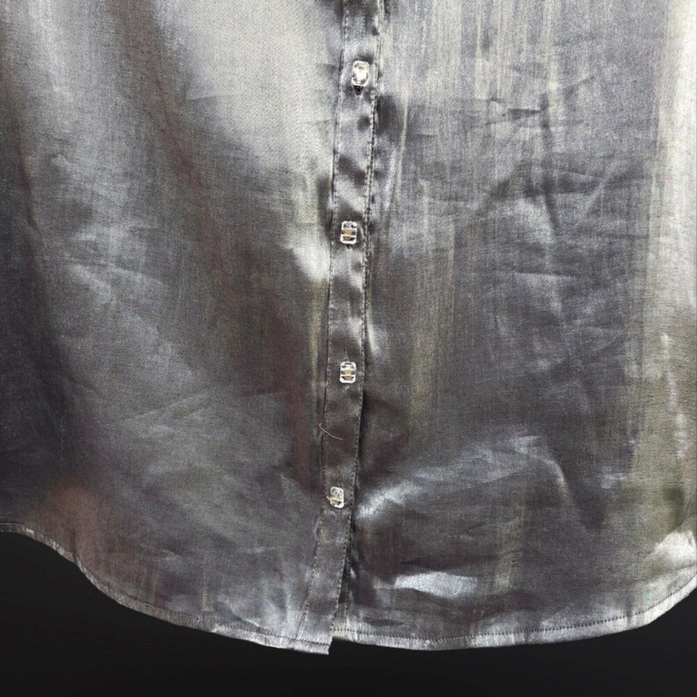 Y2K Silver Shiny Blouse Women's Size 1X Long Sleeve Button Up Metallic Top - Picture 3 of 9